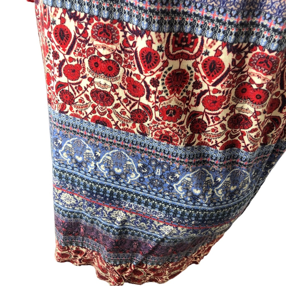 Live and Let Live Popover Top Women XL Blue Red Tan Boho Folk Art Print - Picture 7 of 10